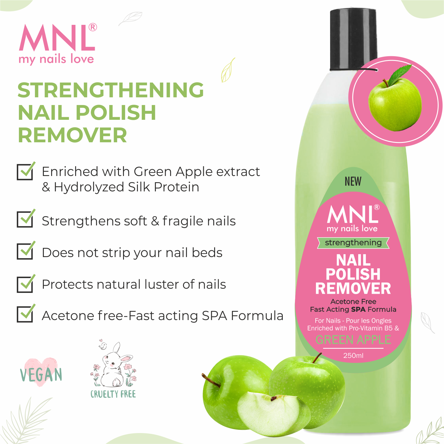 MNL Strengthening Nail Polish Remover - Green Apple 250ml